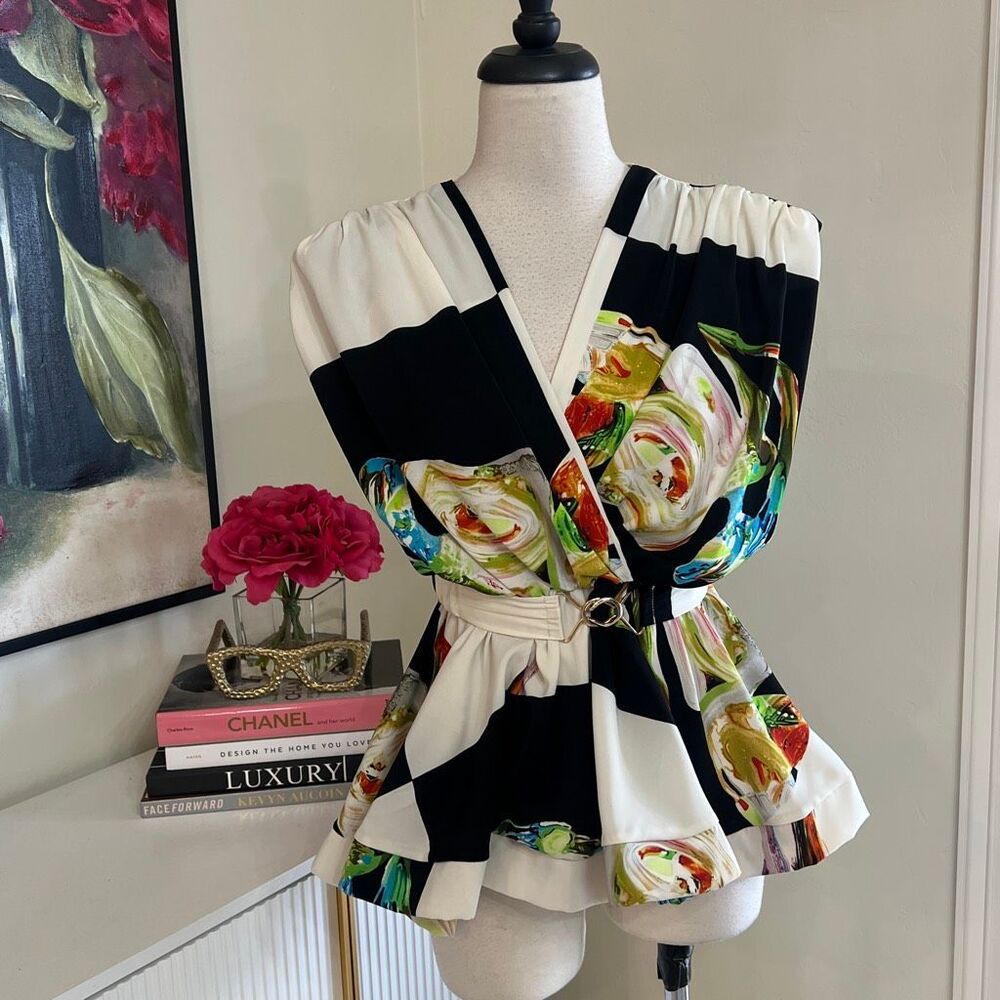 N By Nancy Women's Floral Flowy Belted Peplum Blouse Multicolor Small